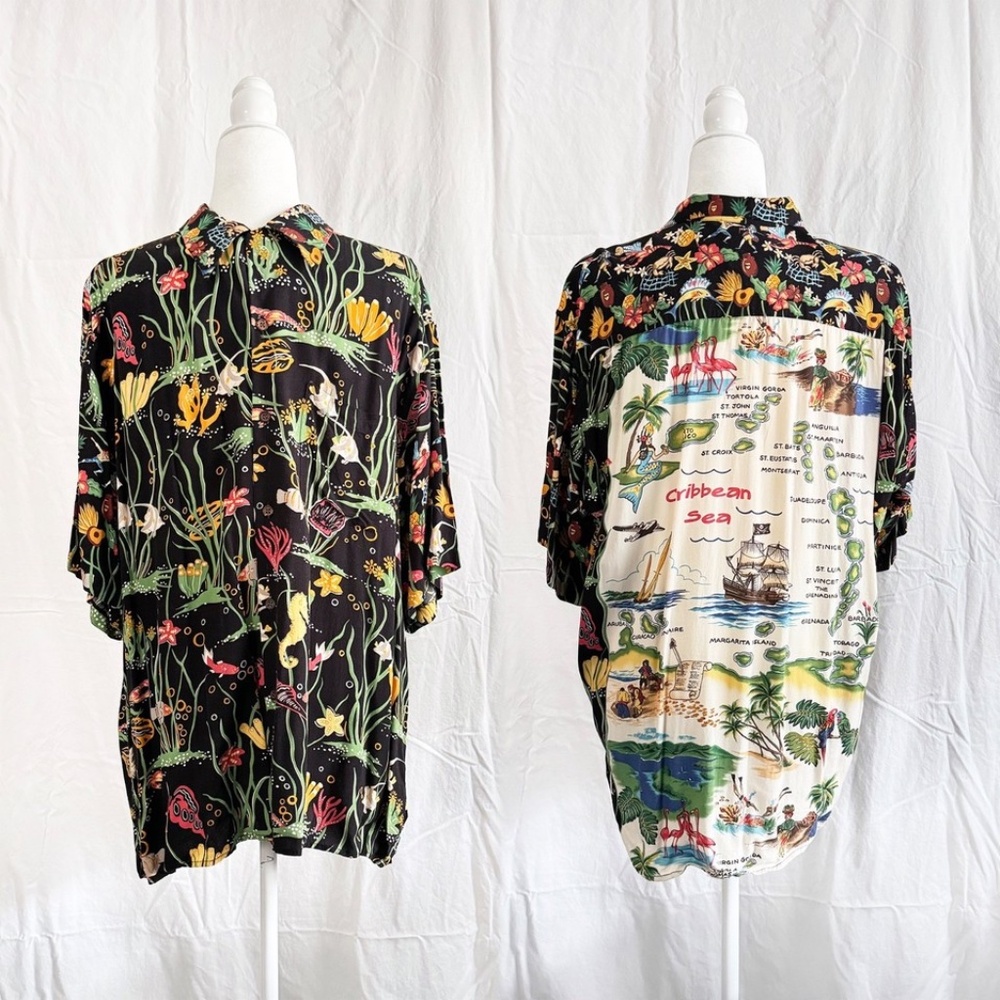 REYN SPOONER CARIBBEAN SEA MAP Retro Hawaiian Tropical Men's Shirt X-Large